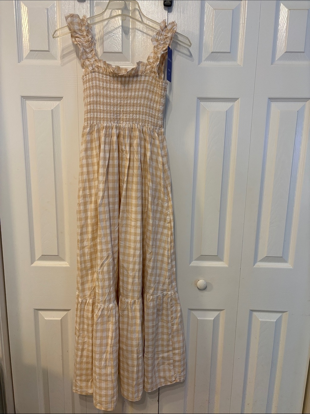 659 ChouYatou Women’s Beige Gingham Smocked Sundress with Ruffle Straps